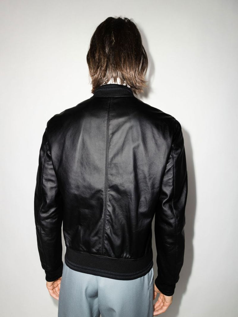 Black Logo Leather Bomber Jacket