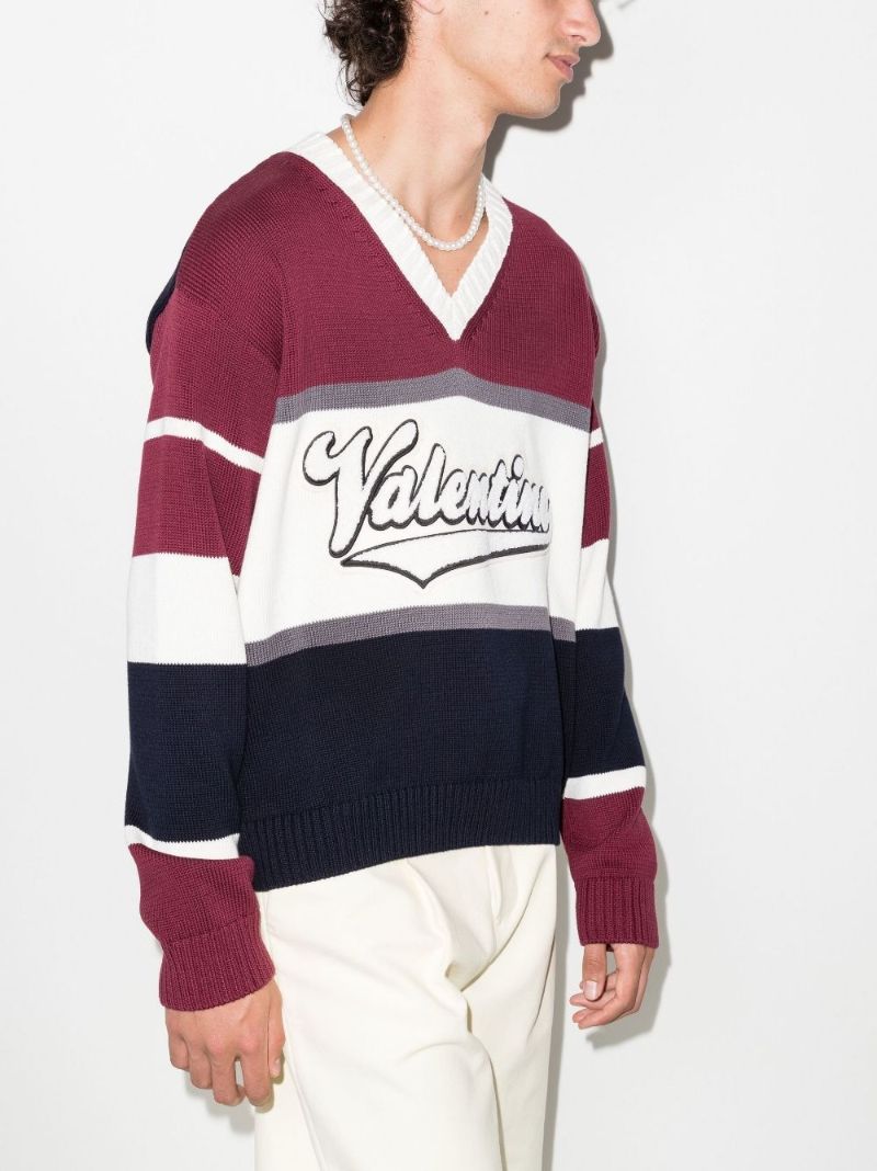 Blue V-neck Logo Patch Sweater