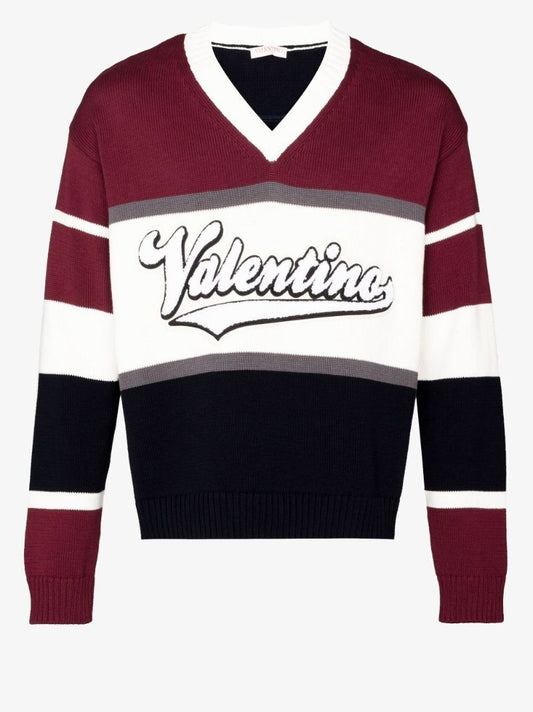 Blue V-neck Logo Patch Sweater