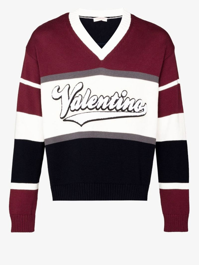 Blue V-neck Logo Patch Sweater