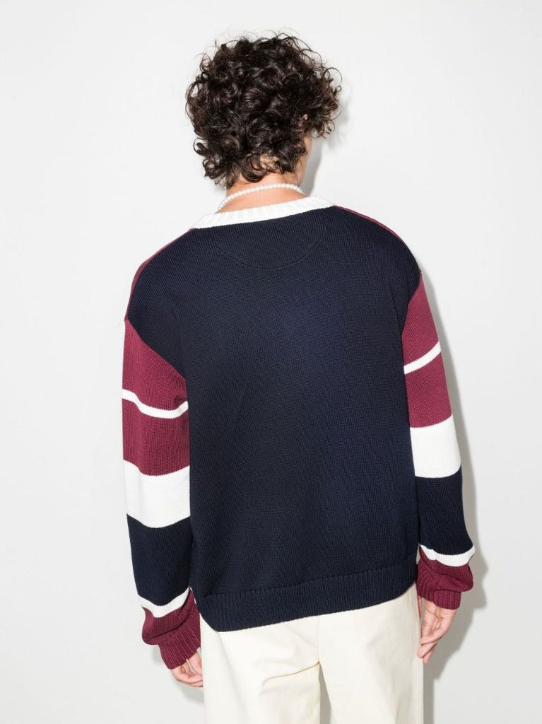 Blue V-neck Logo Patch Sweater