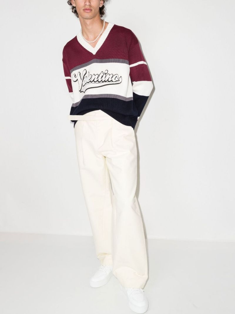 Blue V-neck Logo Patch Sweater
