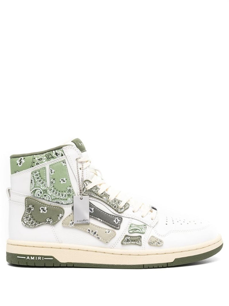 White and Green Skel Top Hi Bandana Leather Sneakers