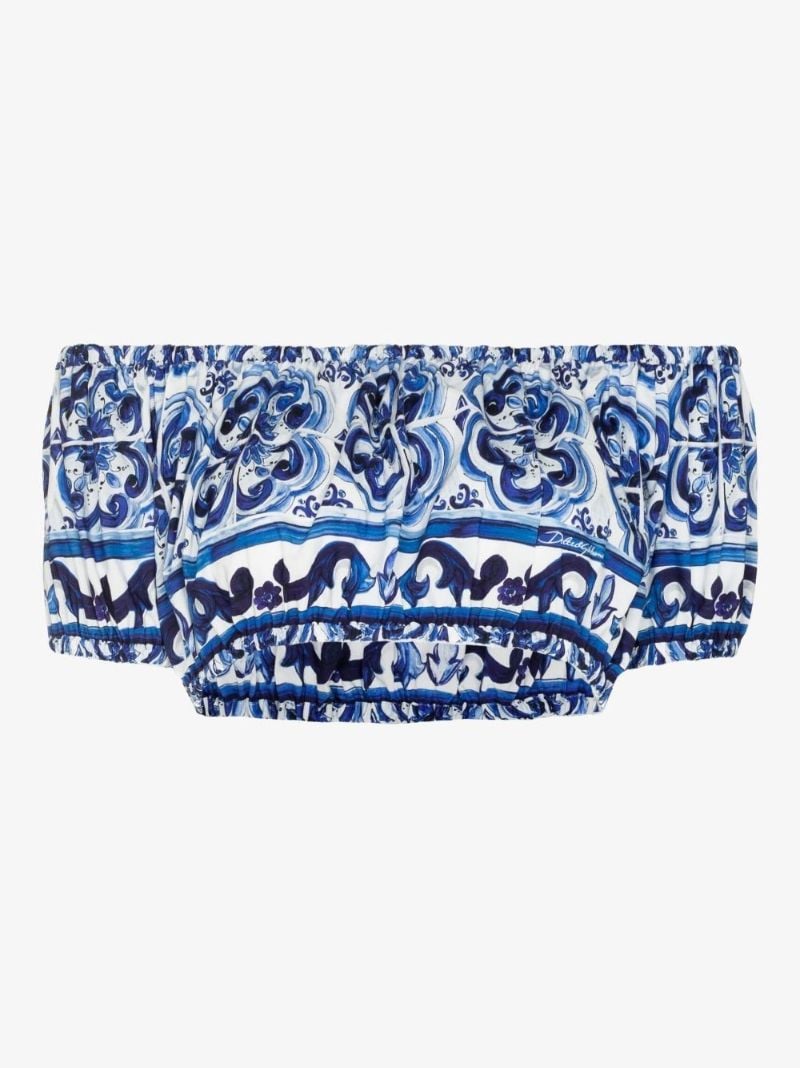 Blue Off-the-shoulder Majolica Print Crop Top