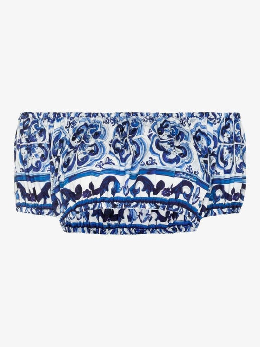Blue Off-the-shoulder Majolica Print Crop Top