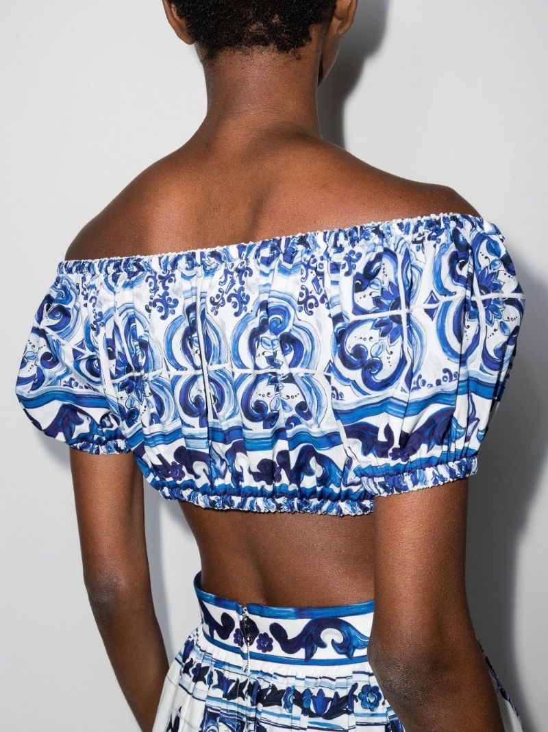Blue Off-the-shoulder Majolica Print Crop Top