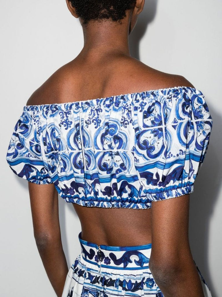 Blue Off-the-shoulder Majolica Print Crop Top