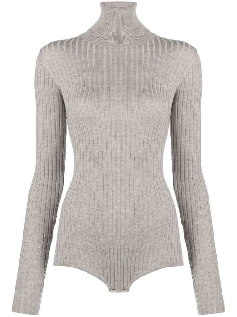 Grey Crystal-embellished Ribbed Knit Bodysuit