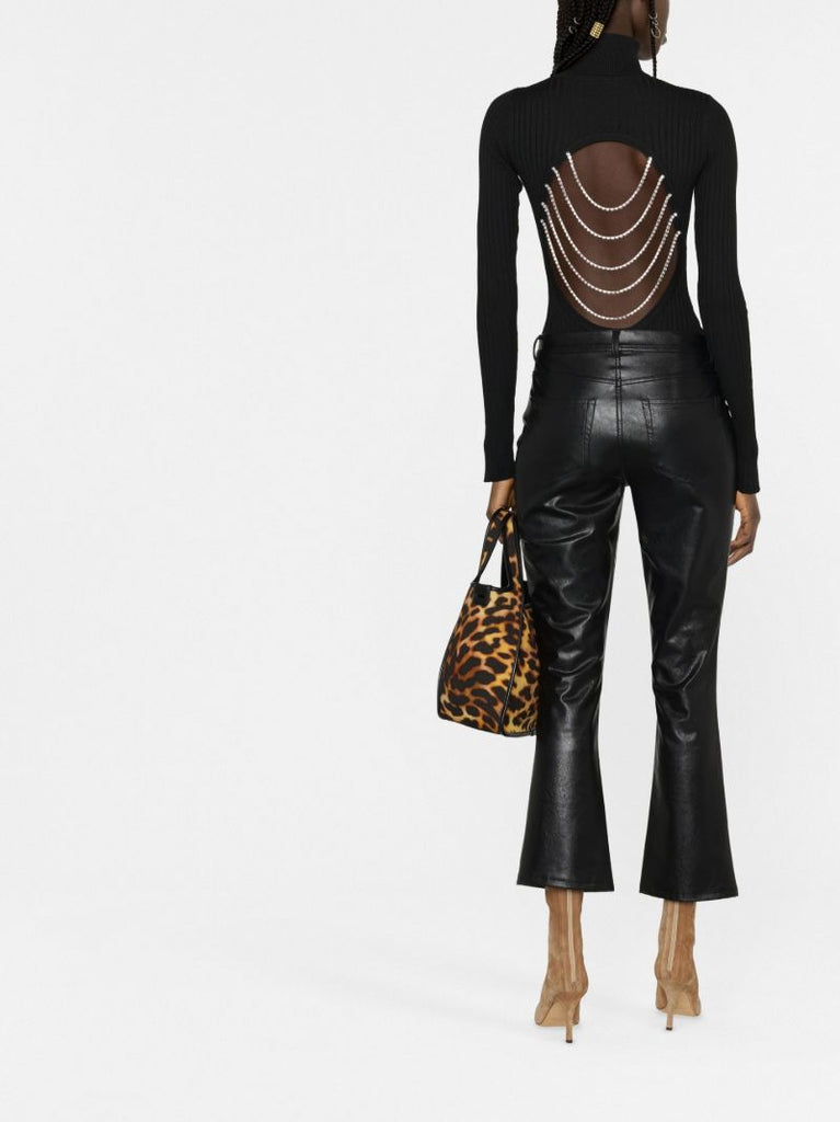 Black Lewis Crystal Embellished Rib-knit Bodysuit