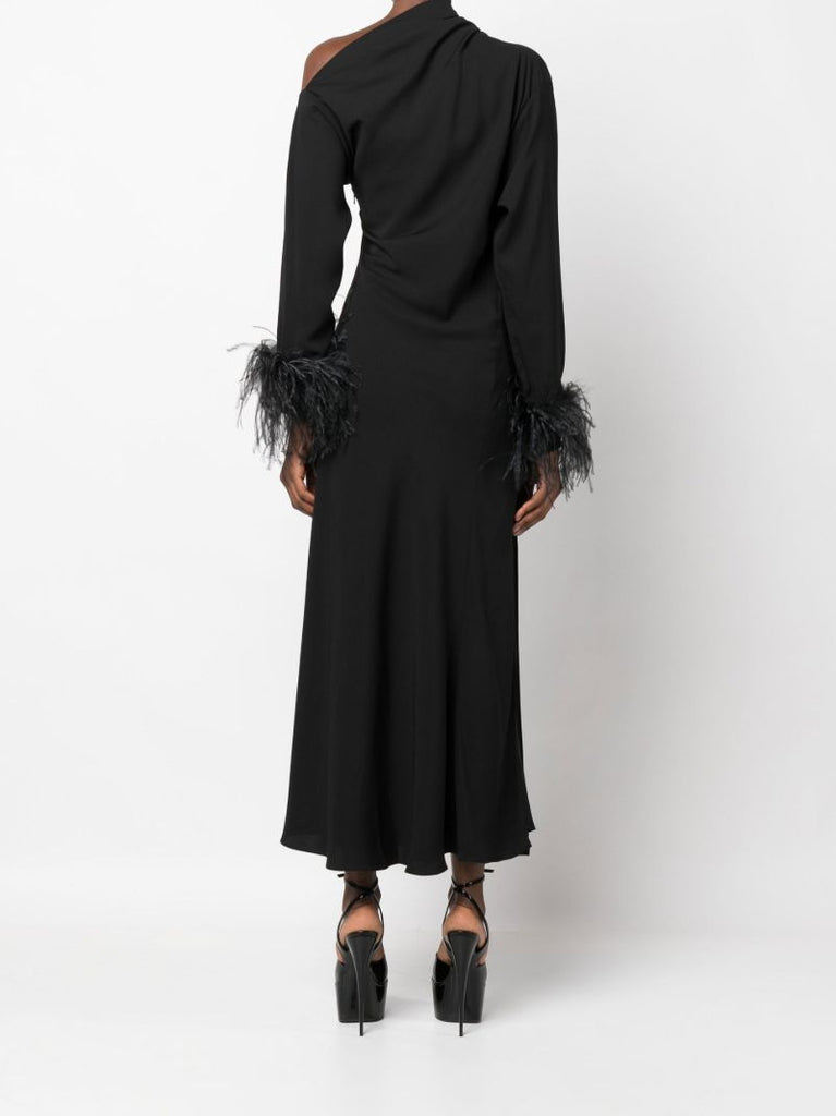 Black Adelaide Feather Trim Midi Dress