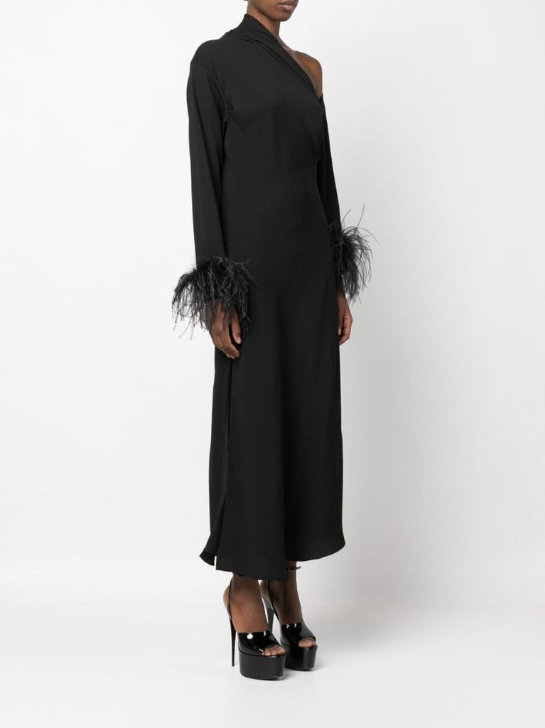 Black Adelaide Feather Trim Midi Dress