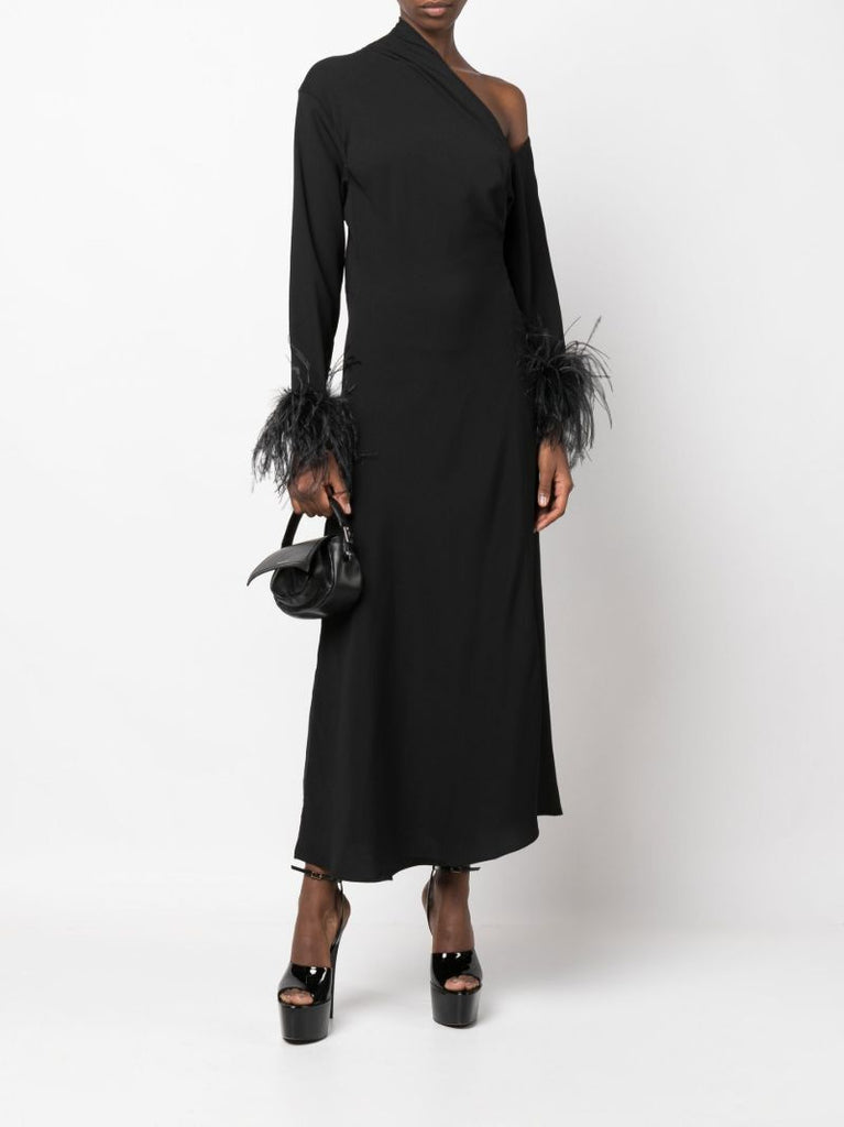 Black Adelaide Feather Trim Midi Dress