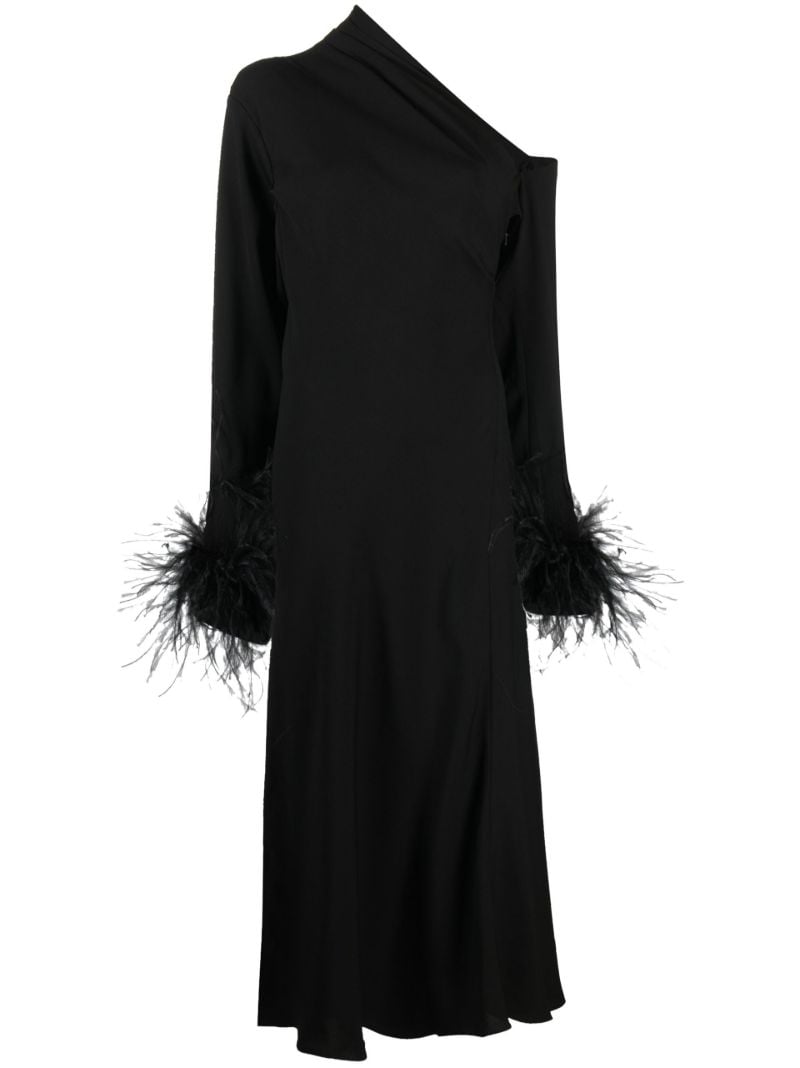 Black Adelaide Feather Trim Midi Dress