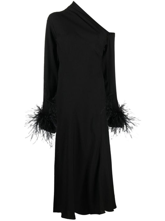 Black Adelaide Feather Trim Midi Dress