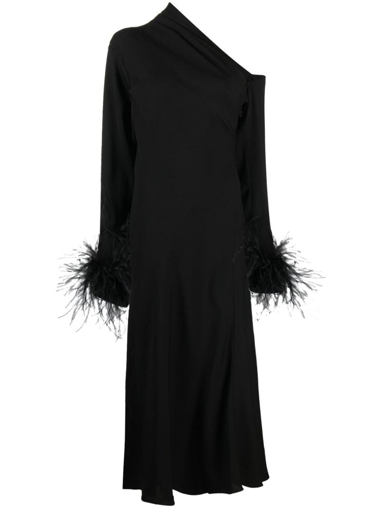 Black Adelaide Feather Trim Midi Dress