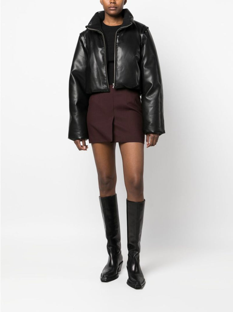 Black Cropped Faux Leather Puffer Jacket