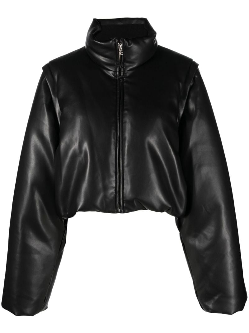 Black Cropped Faux Leather Puffer Jacket