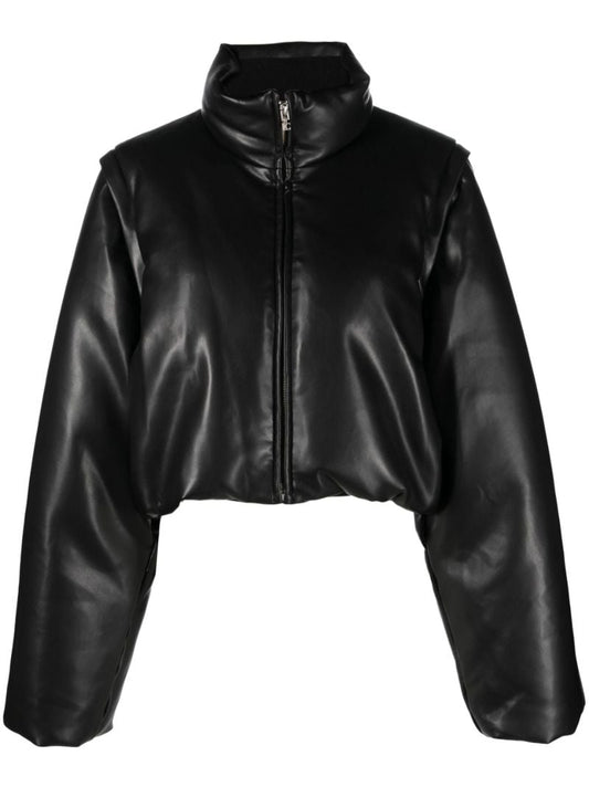 Black Cropped Faux Leather Puffer Jacket