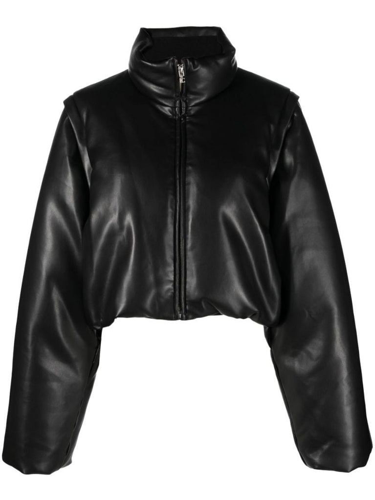 Black Cropped Faux Leather Puffer Jacket