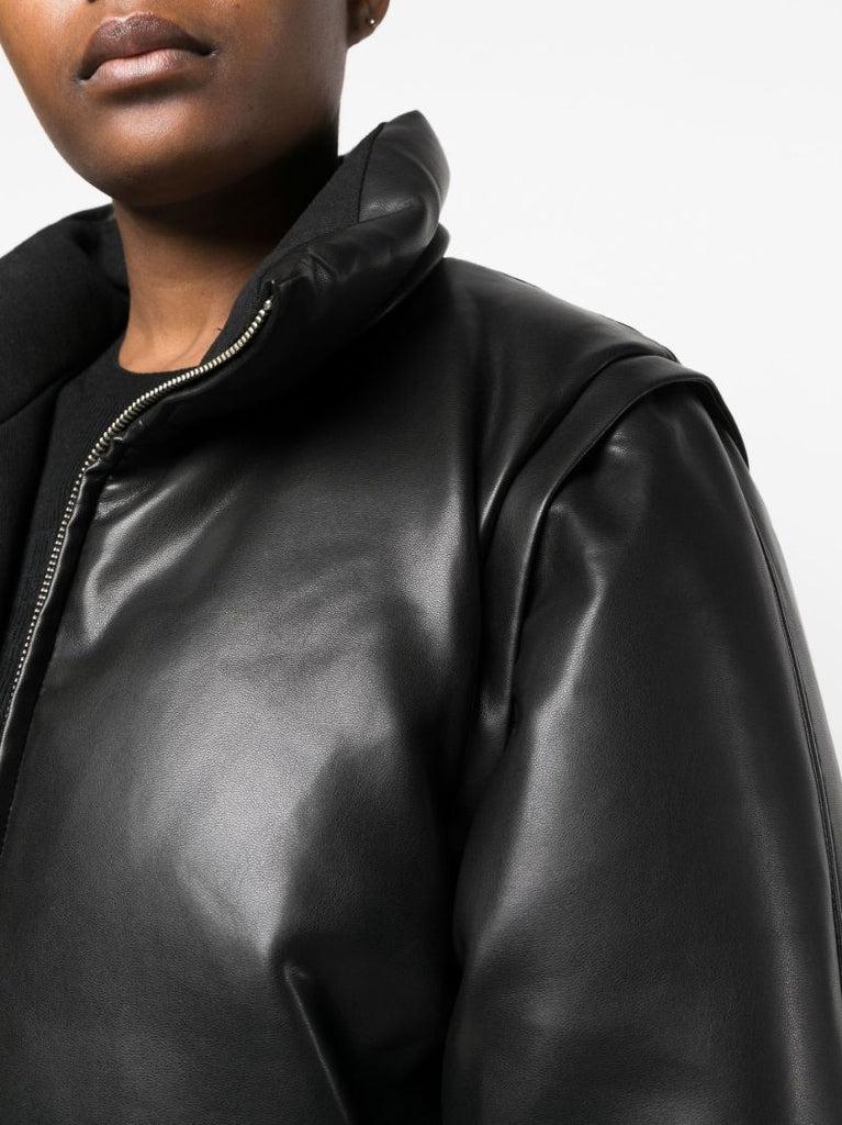 Black Cropped Faux Leather Puffer Jacket