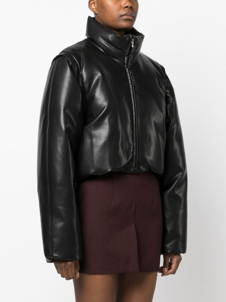 Black Cropped Faux Leather Puffer Jacket