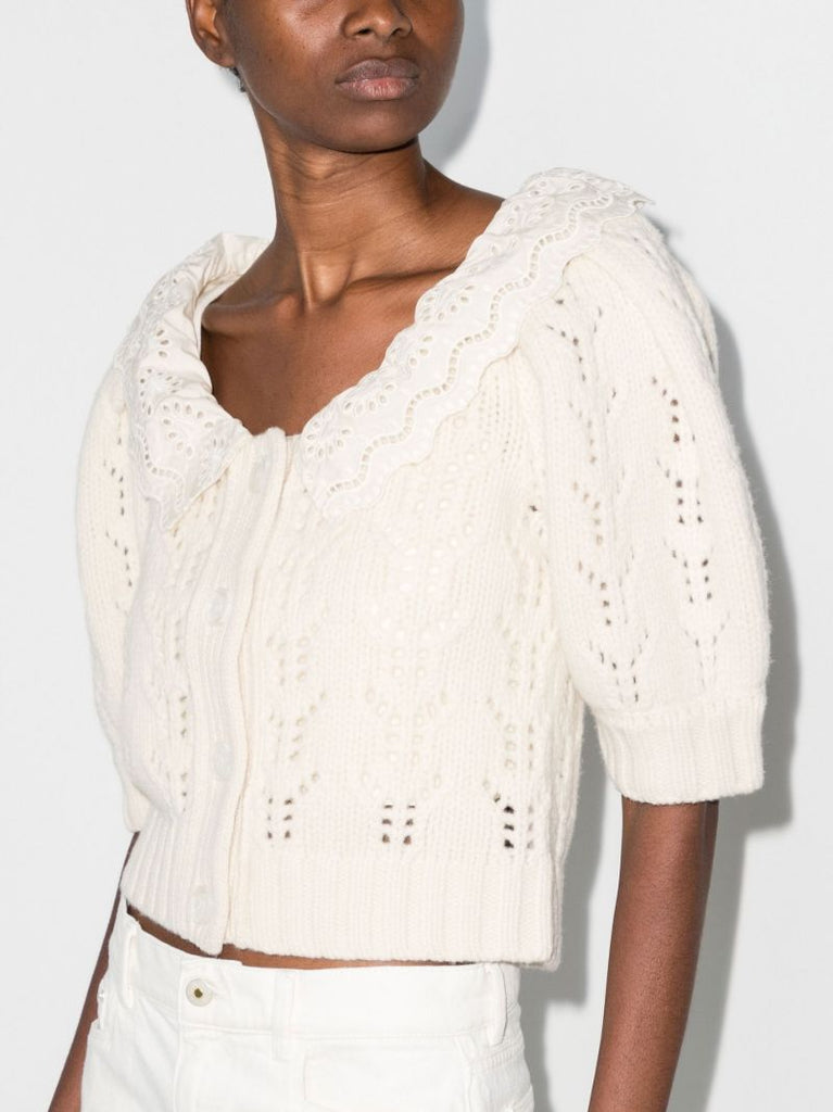 White Zia Ruffle Collar Lace Knitted Cardigan