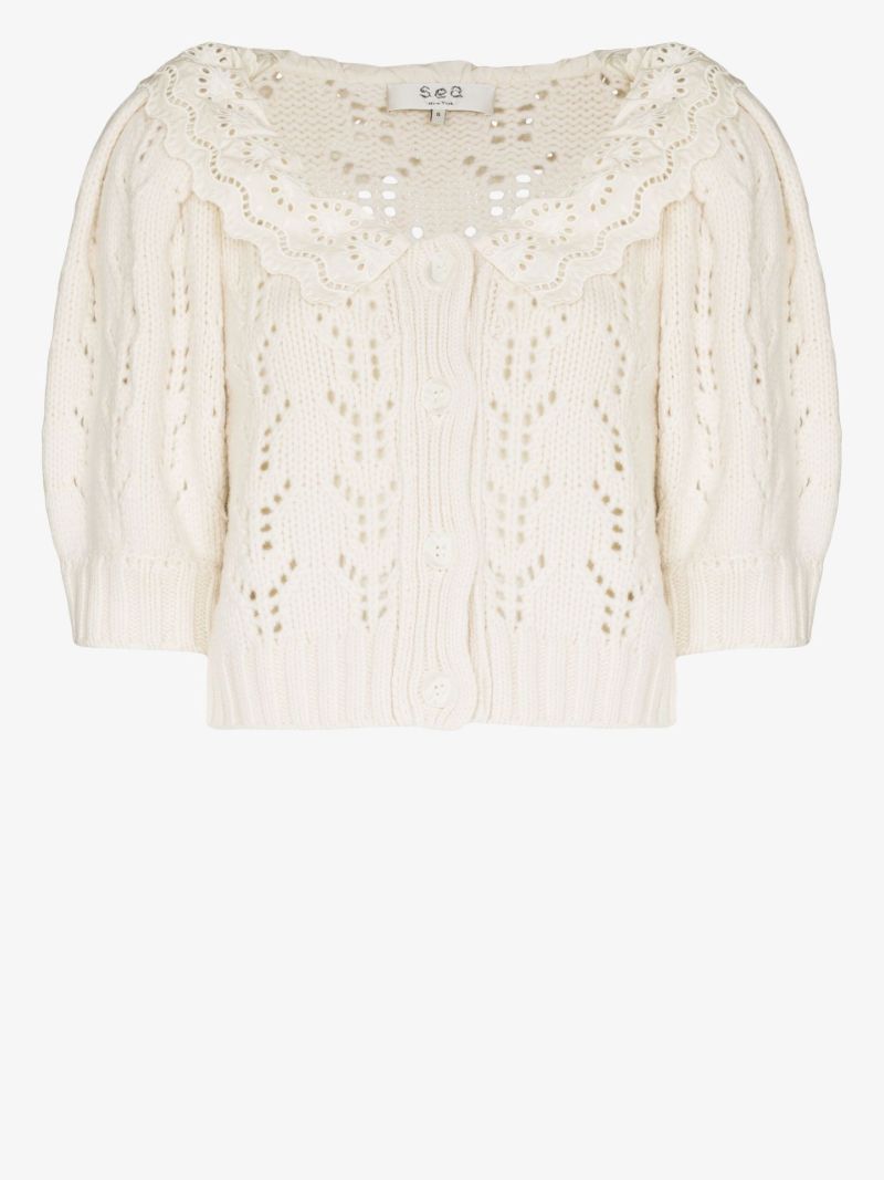 White Zia Ruffle Collar Lace Knitted Cardigan