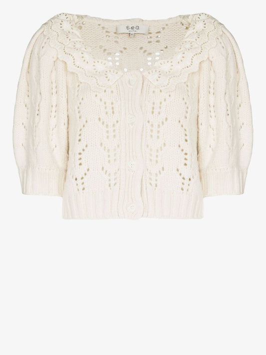 White Zia Ruffle Collar Lace Knitted Cardigan