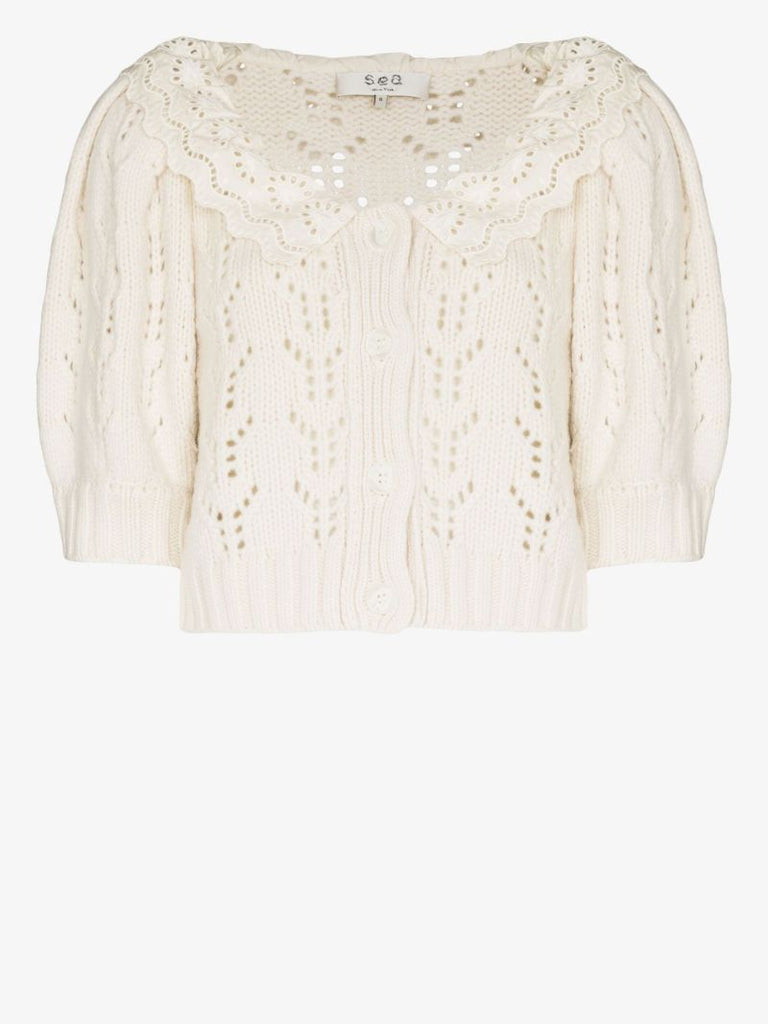 White Zia Ruffle Collar Lace Knitted Cardigan