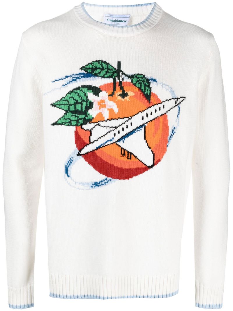 White Orbite Autour De L'orange Intarsia Cotton Sweater