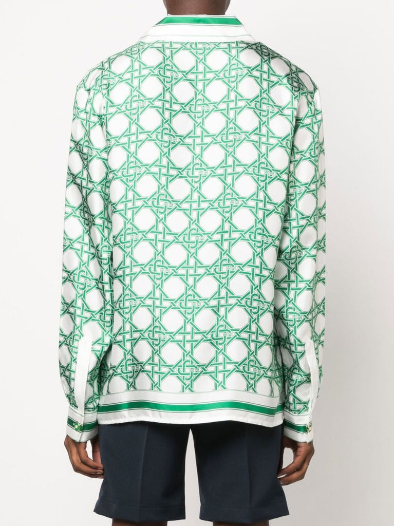 White Monogram Print Silk Shirt