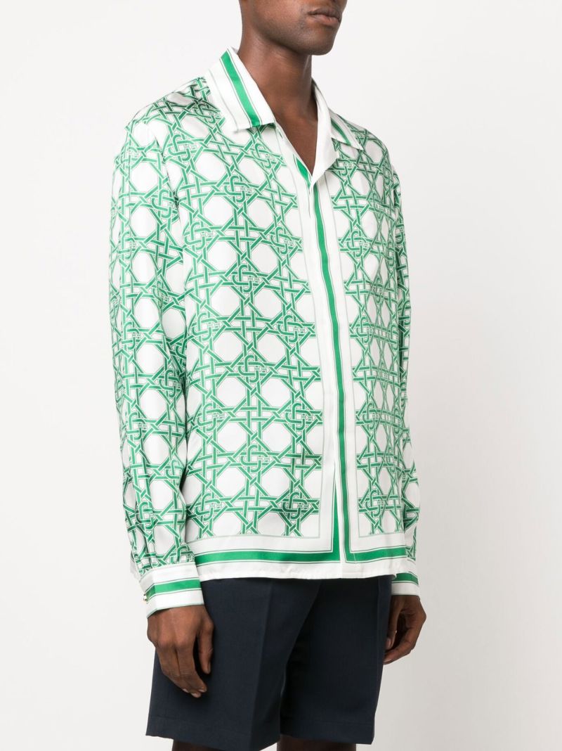 White Monogram Print Silk Shirt