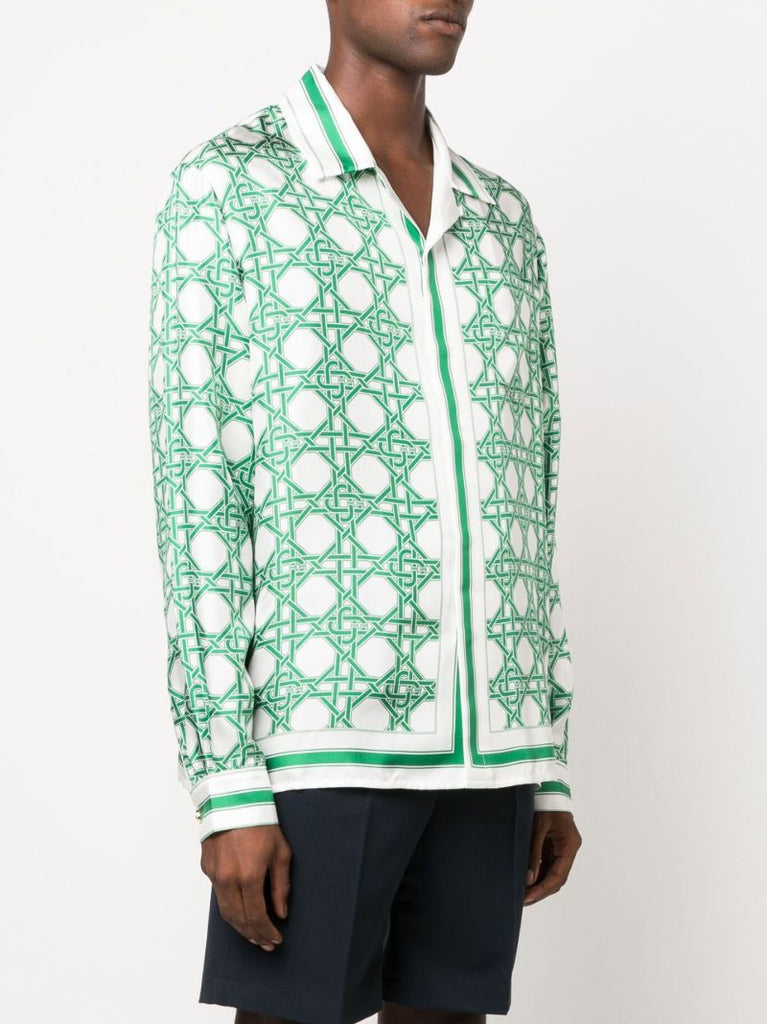 White Monogram Print Silk Shirt