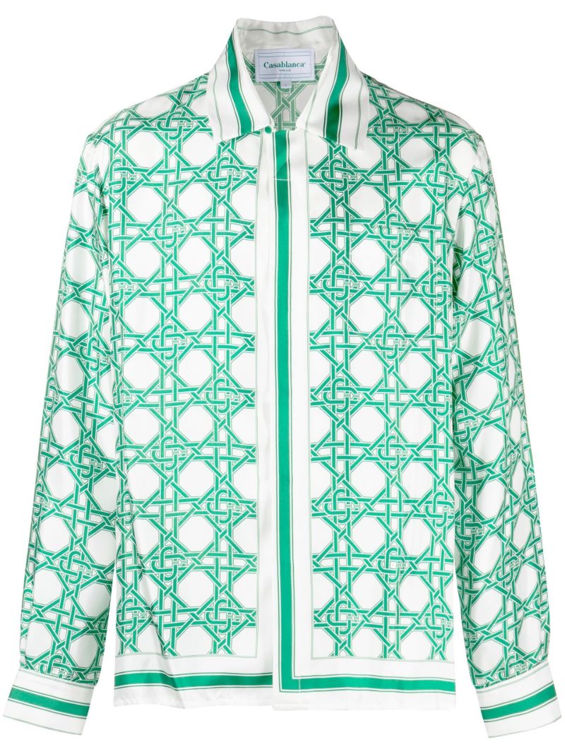 White Monogram Print Silk Shirt
