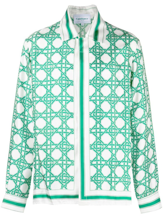 White Monogram Print Silk Shirt