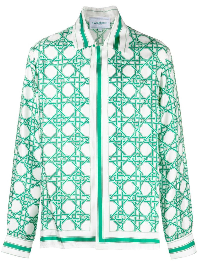 White Monogram Print Silk Shirt