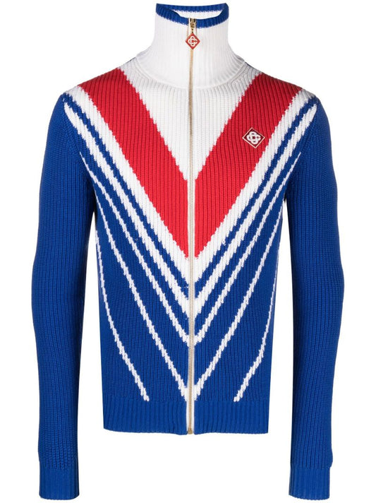 Blue Chevron Knitted Zip-up Sweater