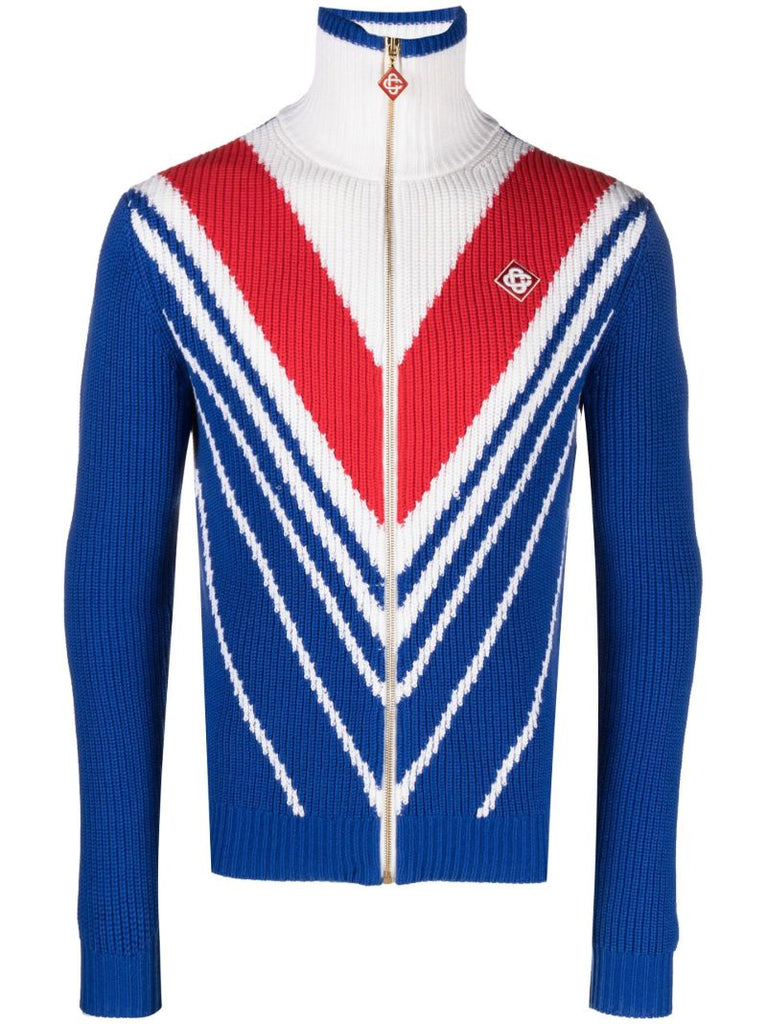 Blue Chevron Knitted Zip-up Sweater