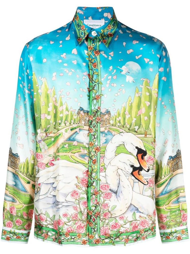Blue Dream House Print Silk Shirt