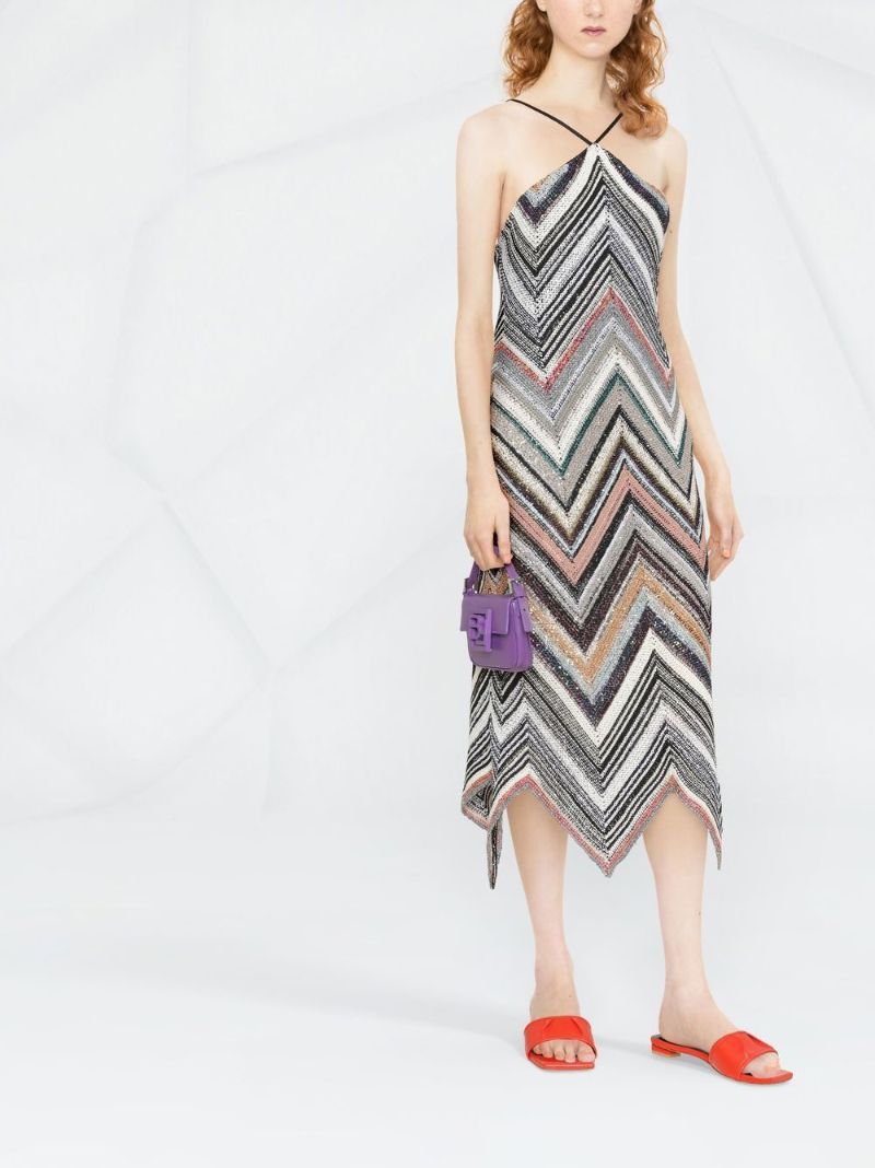 Multicolour Zigzag Knitted Halterneck Midi Dress