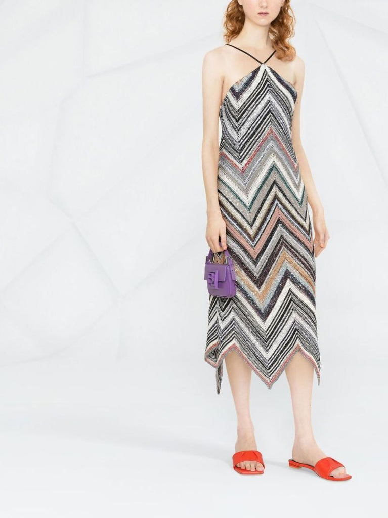 Multicolour Zigzag Knitted Halterneck Midi Dress