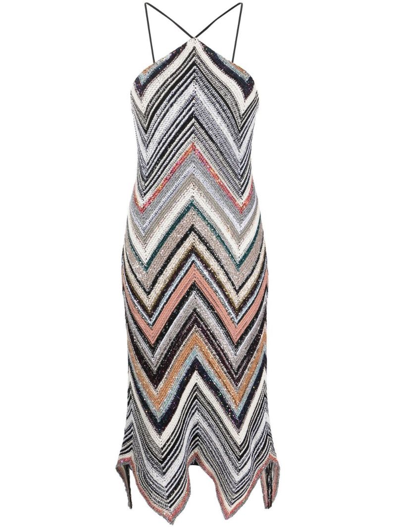 Multicolour Zigzag Knitted Halterneck Midi Dress