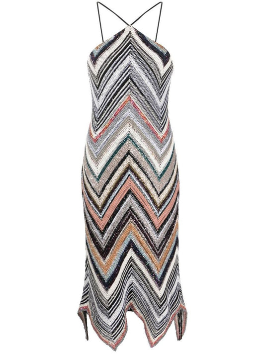 Multicolour Zigzag Knitted Halterneck Midi Dress