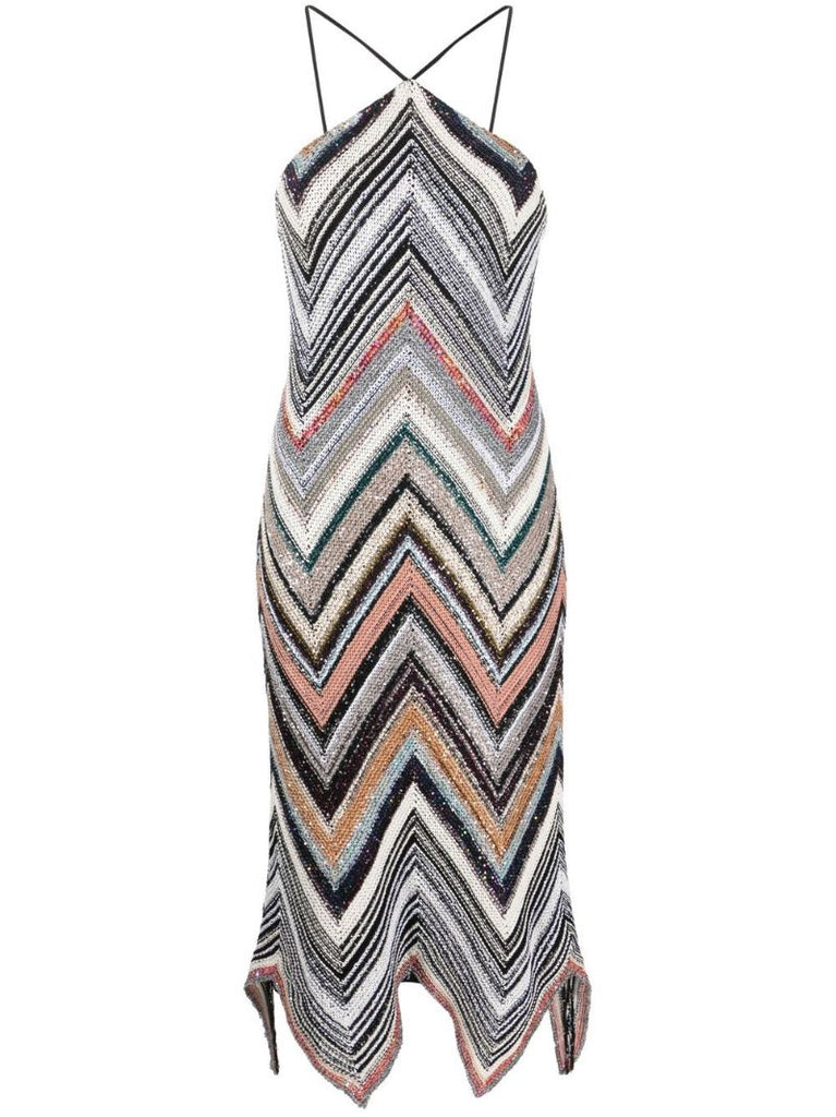 Multicolour Zigzag Knitted Halterneck Midi Dress