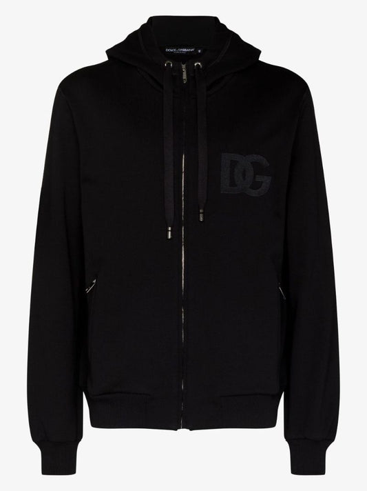 Black Logo Print Zip-up Cotton Hoodie