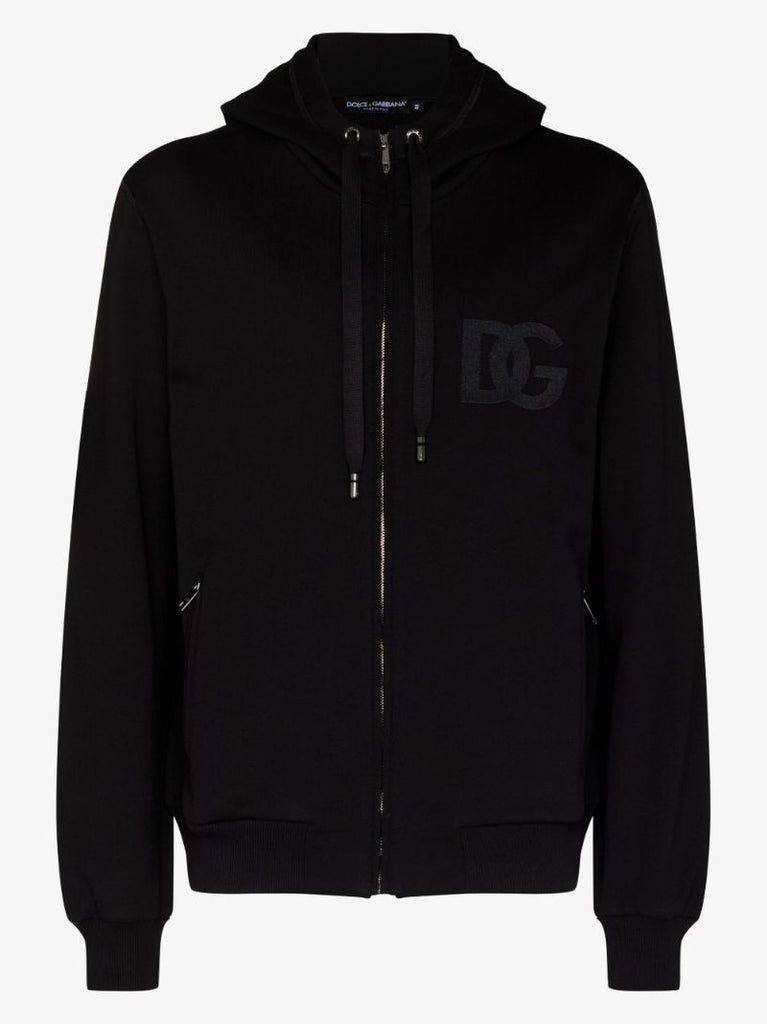 Black Logo Print Zip-up Cotton Hoodie