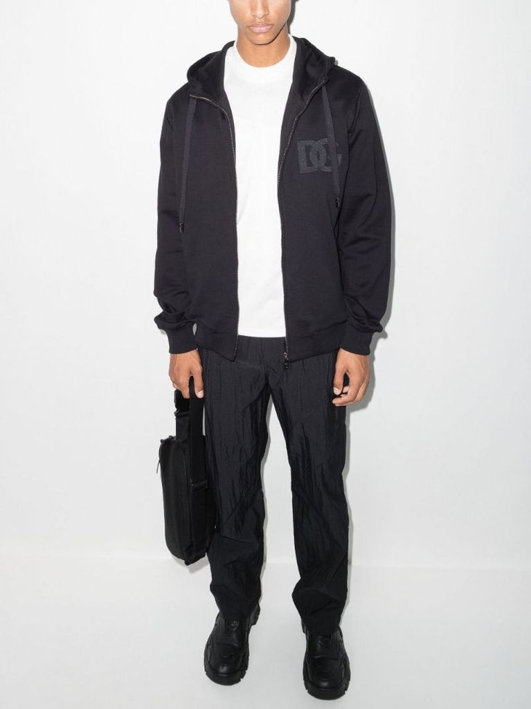 Black Logo Print Zip-up Cotton Hoodie