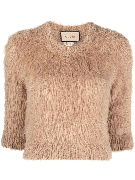 Neutral Cropped Fluffy Knit Sweater