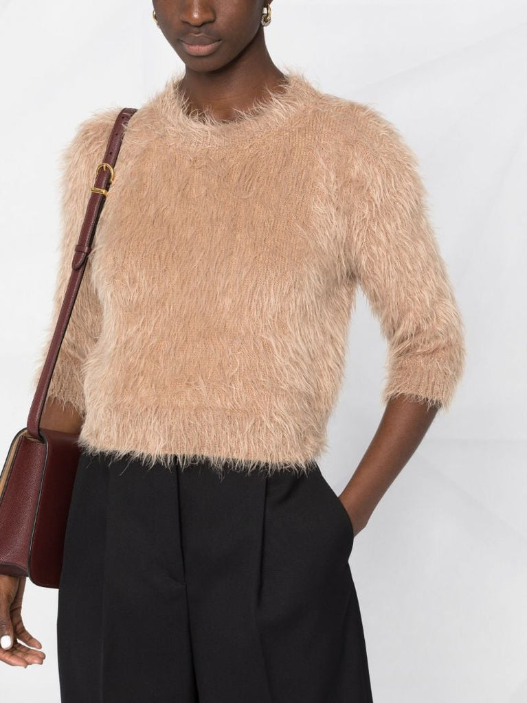 Neutral Cropped Fluffy Knit Sweater