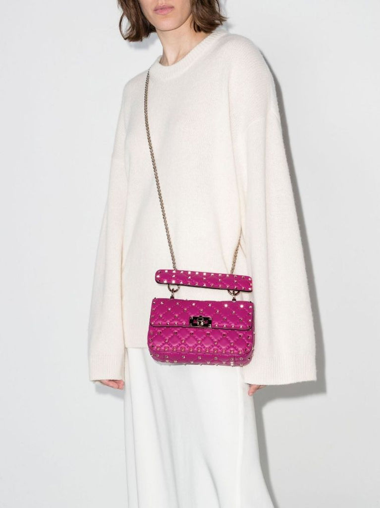 Pink Rockstud Spike Chain Leather Bag